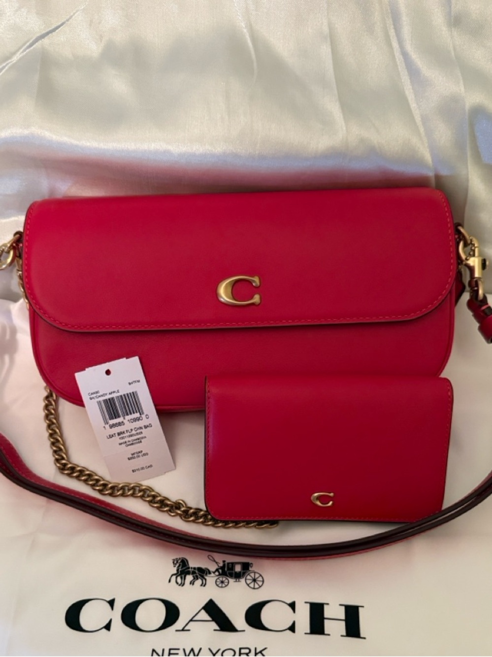 ❤️Coach Candy Apple Red Brooke Chain Flap Bag / Matching Wallet & Brass Hardware